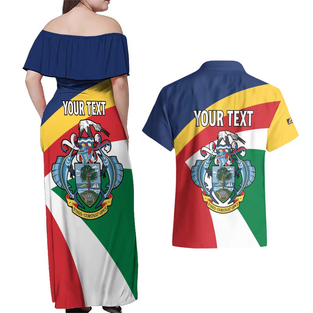 Personalized Seychelles Independence Day Couples Matching Off Shoulder Maxi Dress and Hawaiian Shirt Coat Of Arms Black Parrot