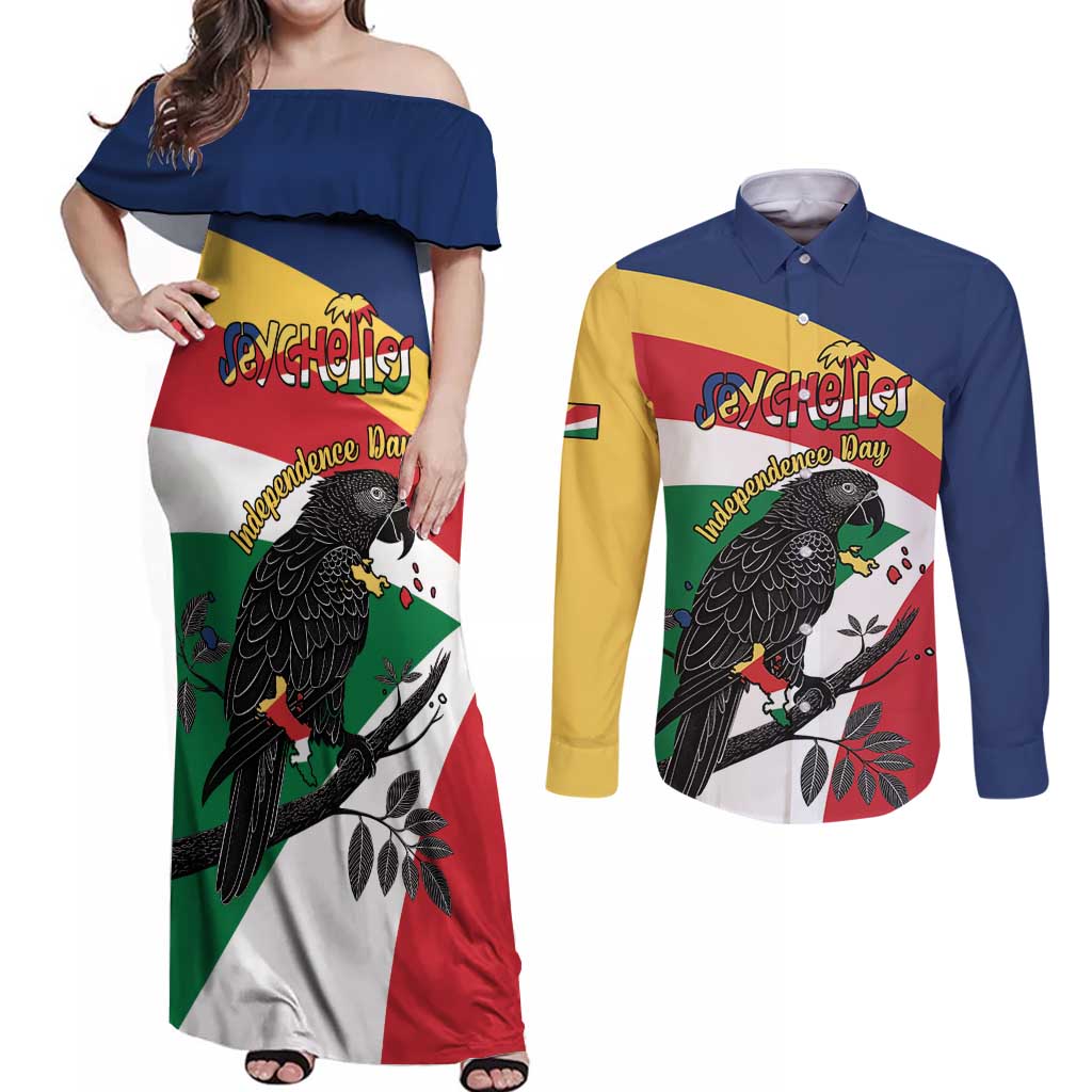 Personalized Seychelles Independence Day Couples Matching Off Shoulder Maxi Dress and Long Sleeve Button Shirt Coat Of Arms Black Parrot