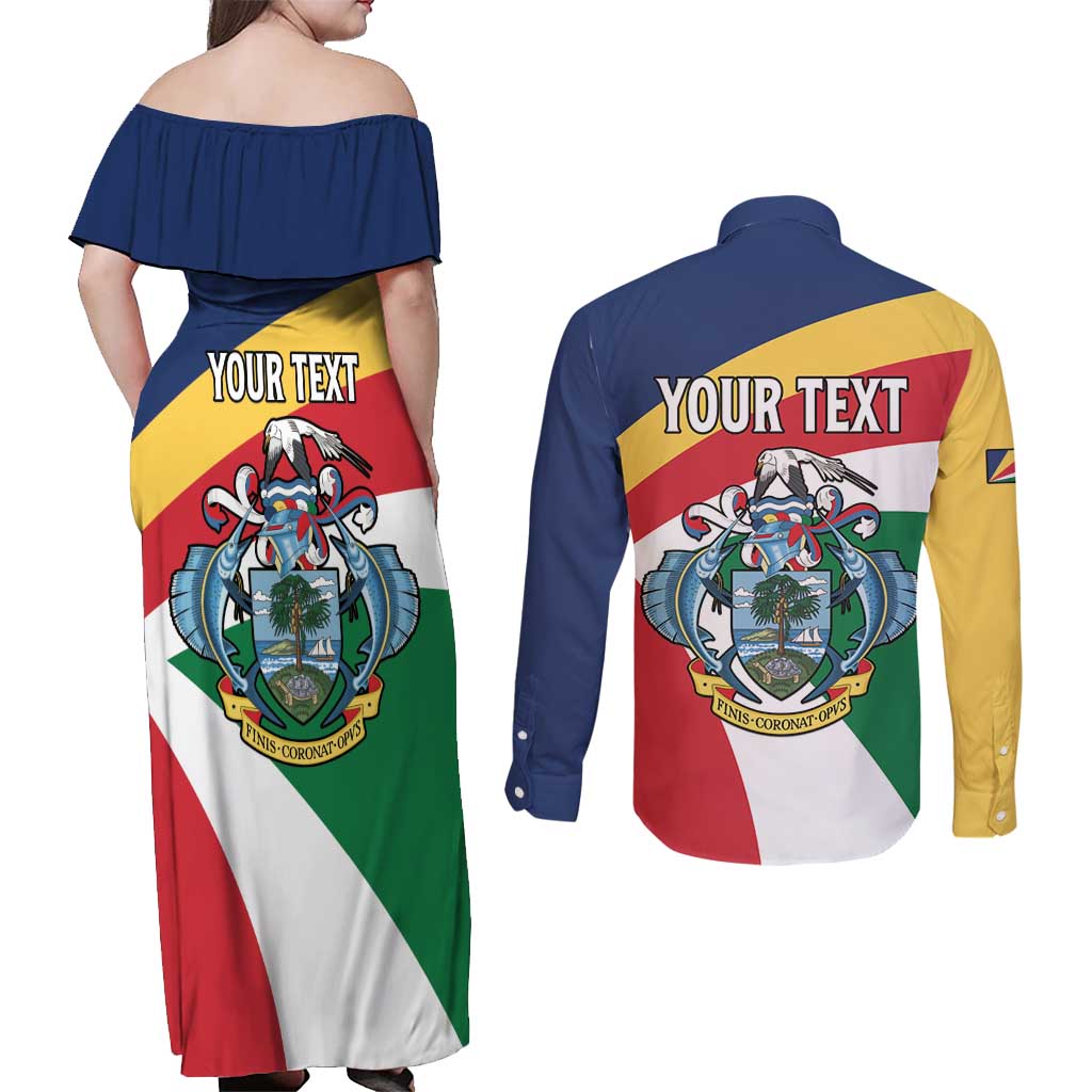 Personalized Seychelles Independence Day Couples Matching Off Shoulder Maxi Dress and Long Sleeve Button Shirt Coat Of Arms Black Parrot