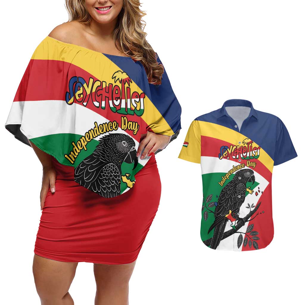 Personalized Seychelles Independence Day Couples Matching Off Shoulder Short Dress and Hawaiian Shirt Coat Of Arms Black Parrot