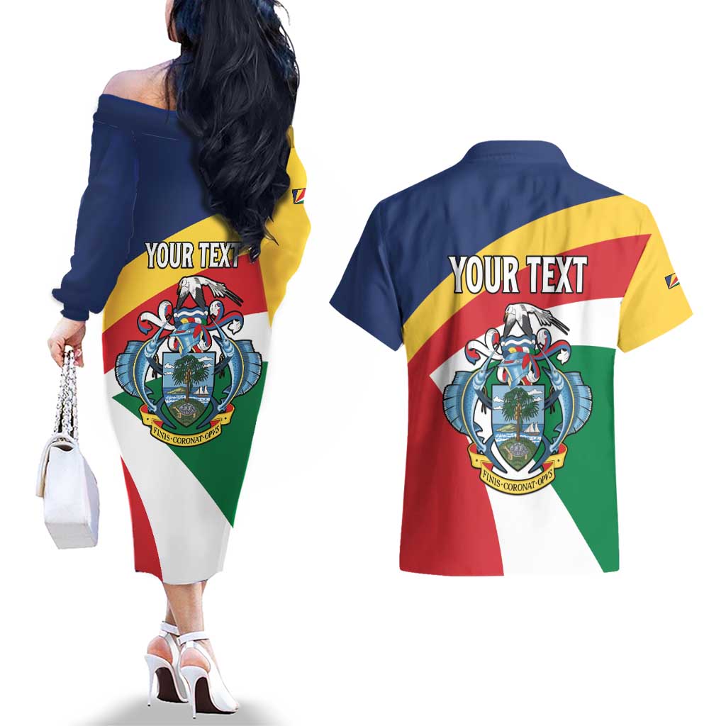 Personalized Seychelles Independence Day Couples Matching Off The Shoulder Long Sleeve Dress and Hawaiian Shirt Coat Of Arms Black Parrot