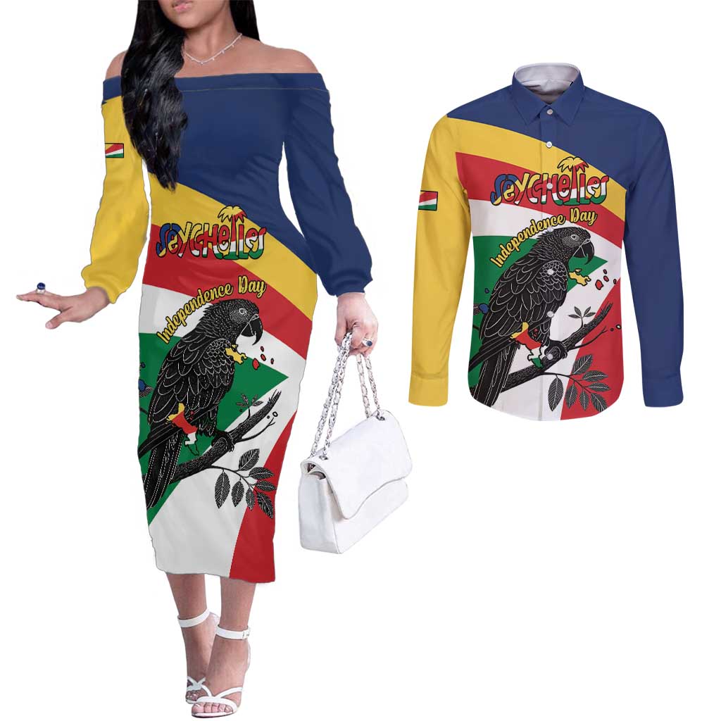Personalized Seychelles Independence Day Couples Matching Off The Shoulder Long Sleeve Dress and Long Sleeve Button Shirt Coat Of Arms Black Parrot