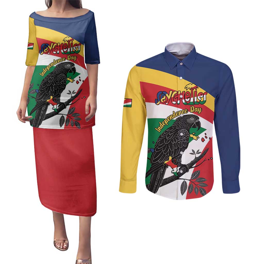 Personalized Seychelles Independence Day Couples Matching Puletasi and Long Sleeve Button Shirt Coat Of Arms Black Parrot