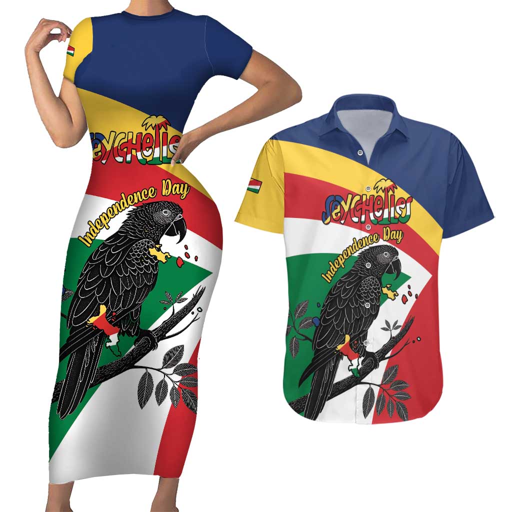 Personalized Seychelles Independence Day Couples Matching Short Sleeve Bodycon Dress and Hawaiian Shirt Coat Of Arms Black Parrot