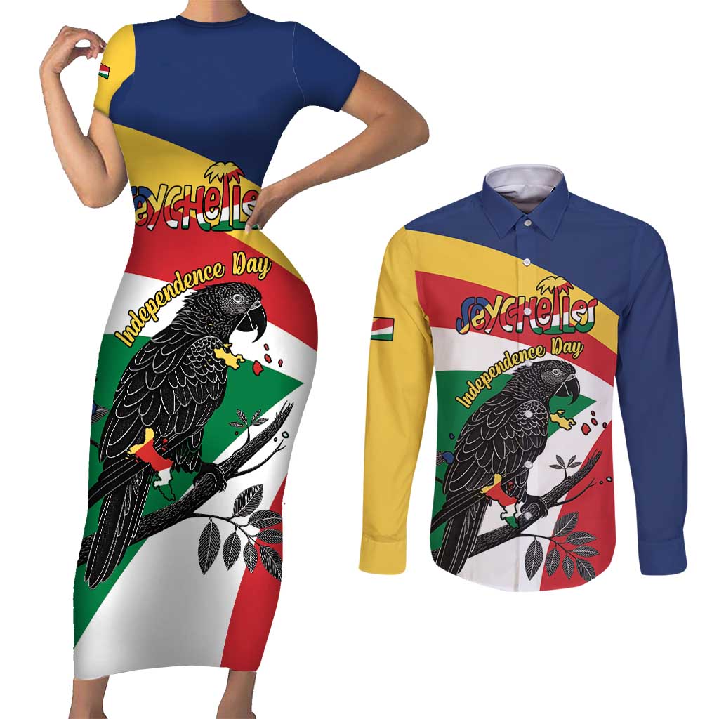 Personalized Seychelles Independence Day Couples Matching Short Sleeve Bodycon Dress and Long Sleeve Button Shirt Coat Of Arms Black Parrot