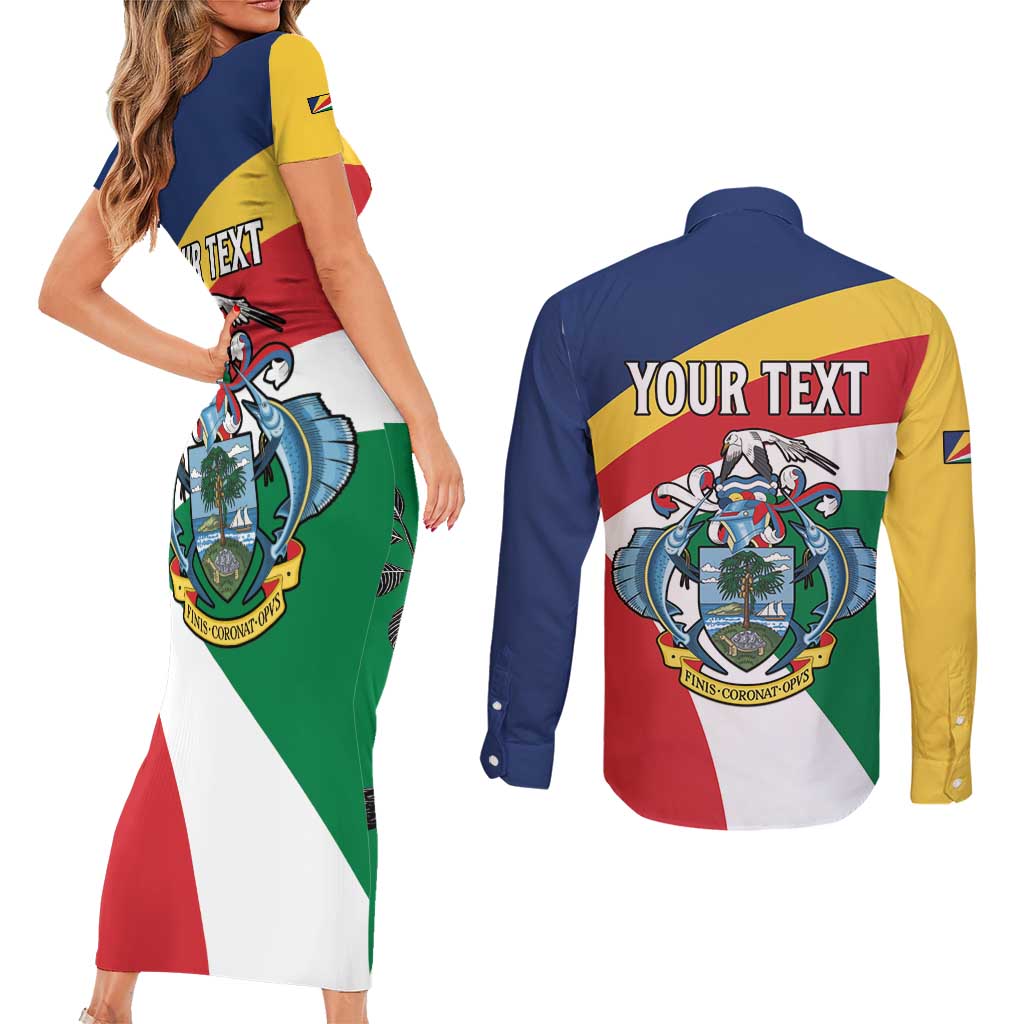 Personalized Seychelles Independence Day Couples Matching Short Sleeve Bodycon Dress and Long Sleeve Button Shirt Coat Of Arms Black Parrot