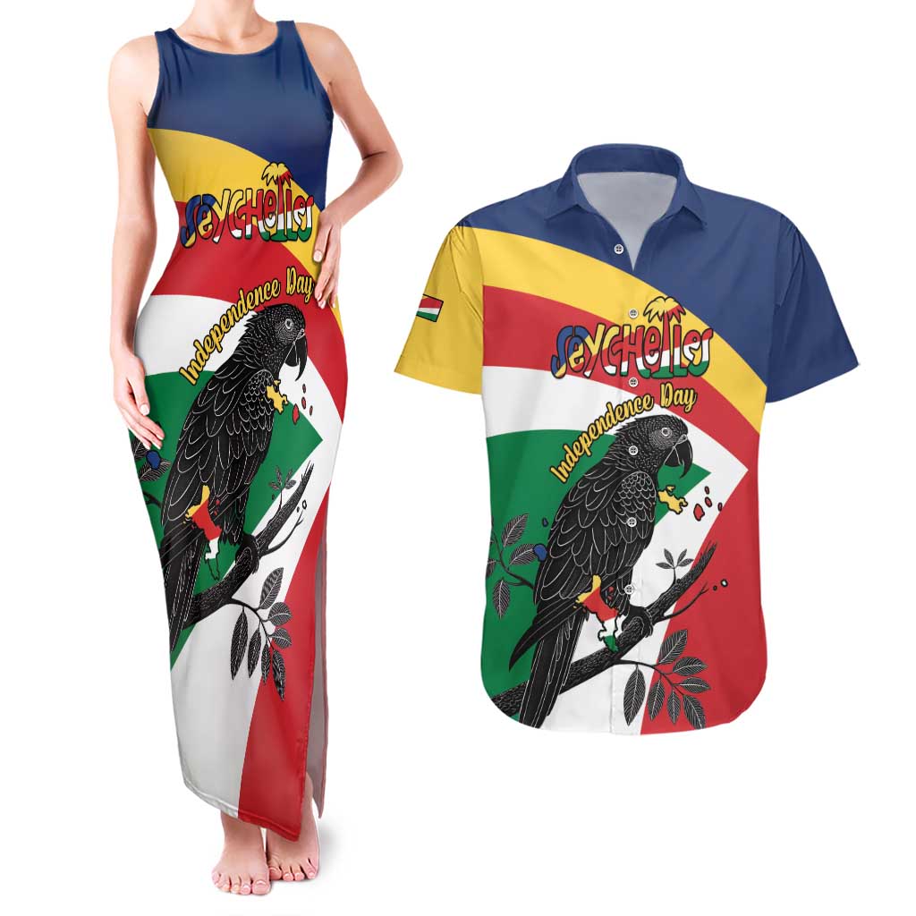 Personalized Seychelles Independence Day Couples Matching Tank Maxi Dress and Hawaiian Shirt Coat Of Arms Black Parrot