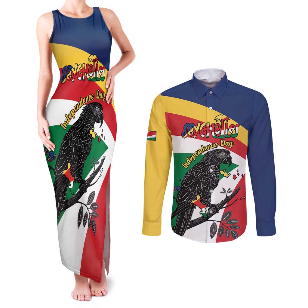 Personalized Seychelles Independence Day Couples Matching Tank Maxi Dress and Long Sleeve Button Shirt Coat Of Arms Black Parrot
