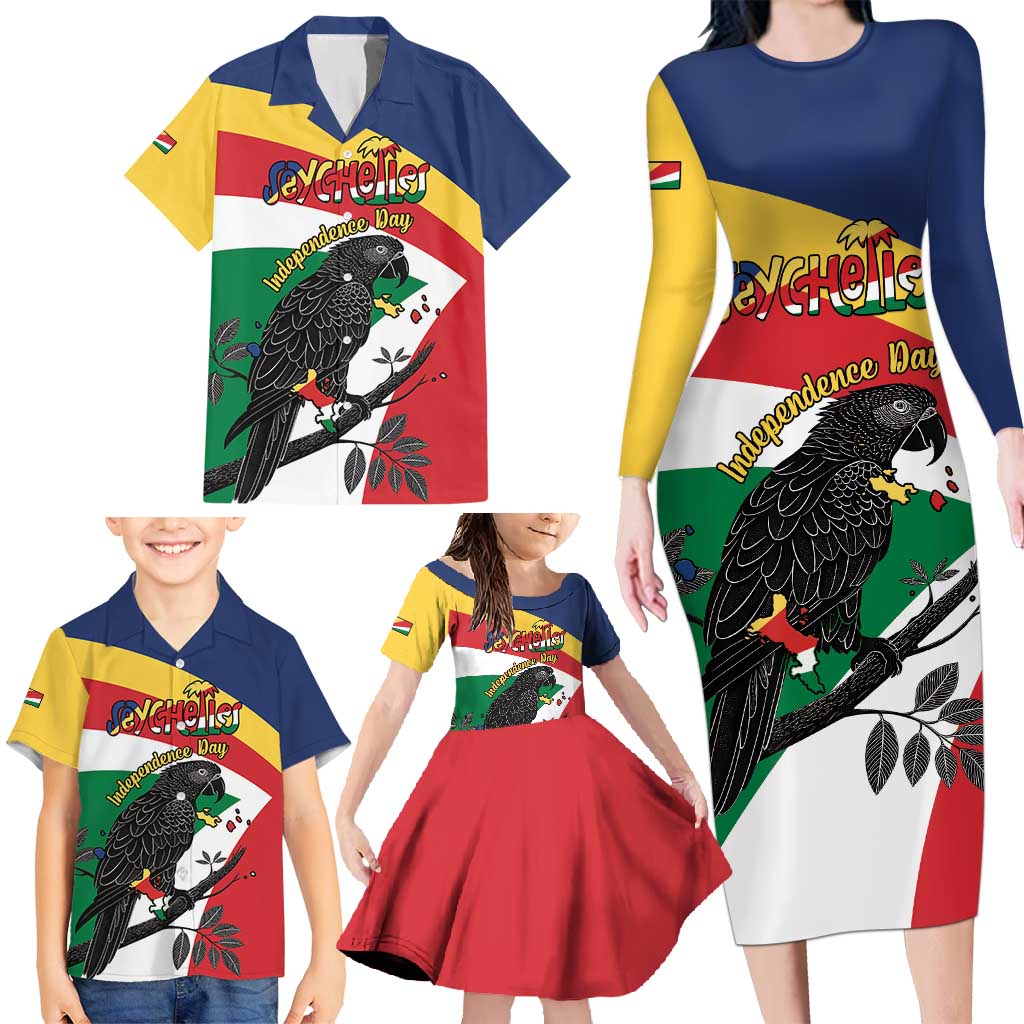 Personalized Seychelles Independence Day Family Matching Long Sleeve Bodycon Dress and Hawaiian Shirt Coat Of Arms Black Parrot