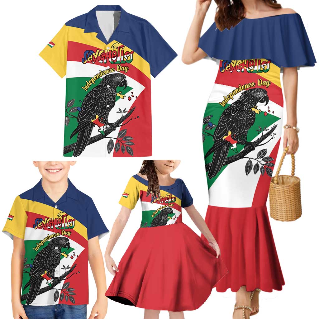 Personalized Seychelles Independence Day Family Matching Mermaid Dress and Hawaiian Shirt Coat Of Arms Black Parrot