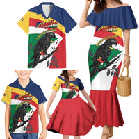 Personalized Seychelles Independence Day Family Matching Mermaid Dress and Hawaiian Shirt Coat Of Arms Black Parrot