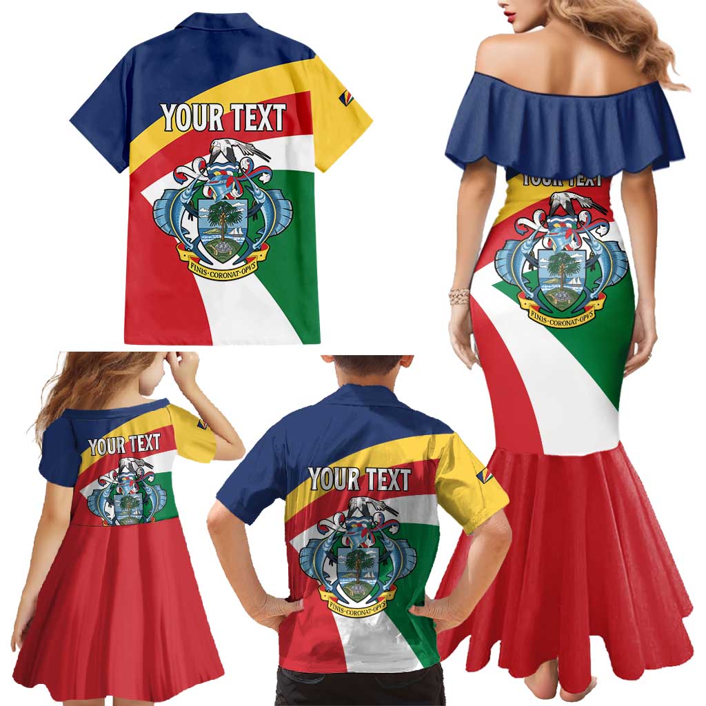Personalized Seychelles Independence Day Family Matching Mermaid Dress and Hawaiian Shirt Coat Of Arms Black Parrot