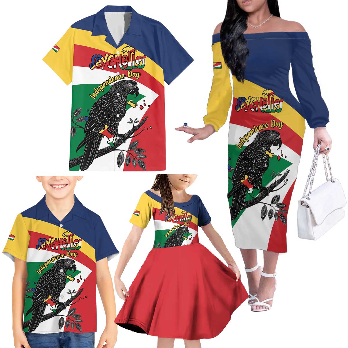 Personalized Seychelles Independence Day Family Matching Off The Shoulder Long Sleeve Dress and Hawaiian Shirt Coat Of Arms Black Parrot