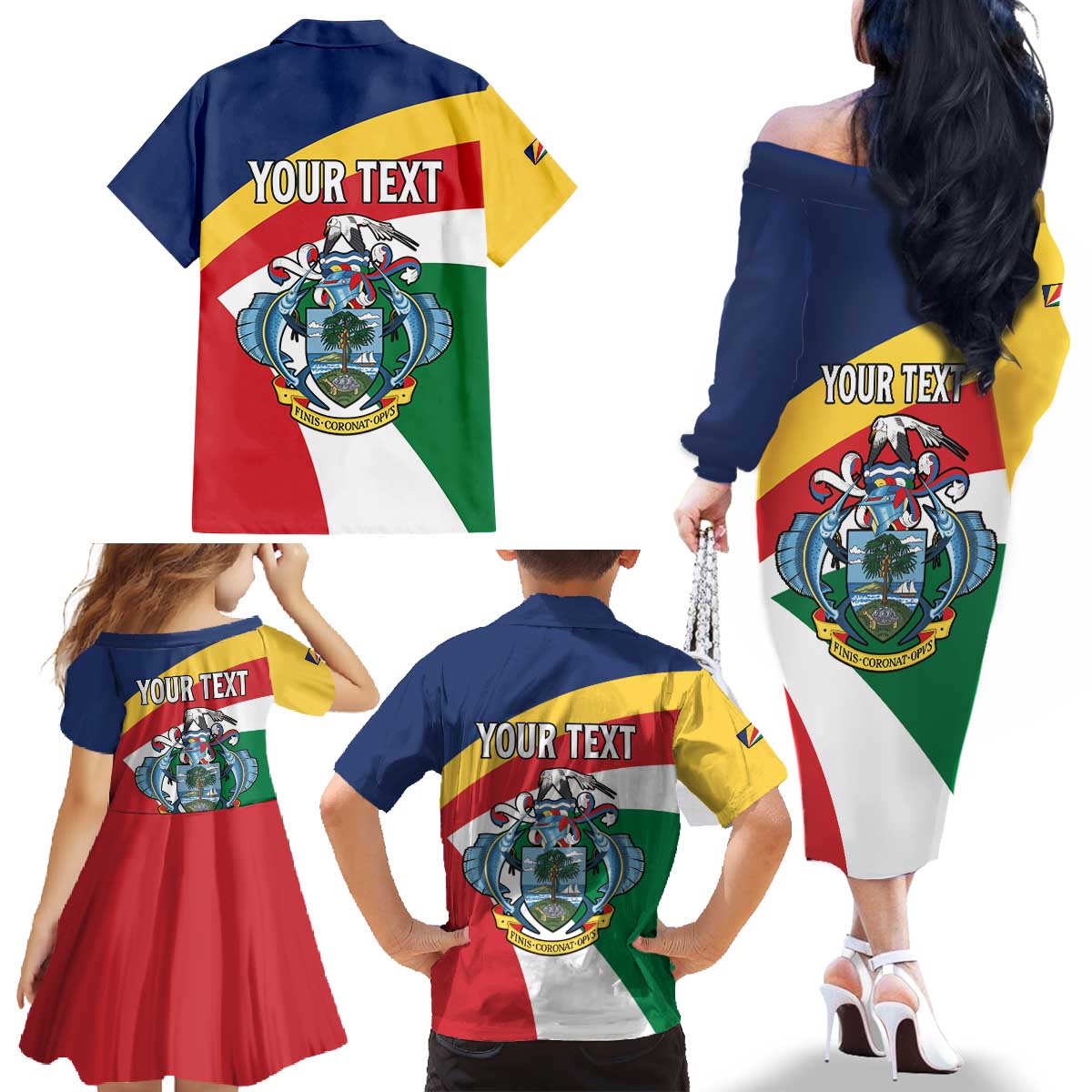 Personalized Seychelles Independence Day Family Matching Off The Shoulder Long Sleeve Dress and Hawaiian Shirt Coat Of Arms Black Parrot
