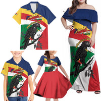 Personalized Seychelles Independence Day Family Matching Off Shoulder Maxi Dress and Hawaiian Shirt Coat Of Arms Black Parrot