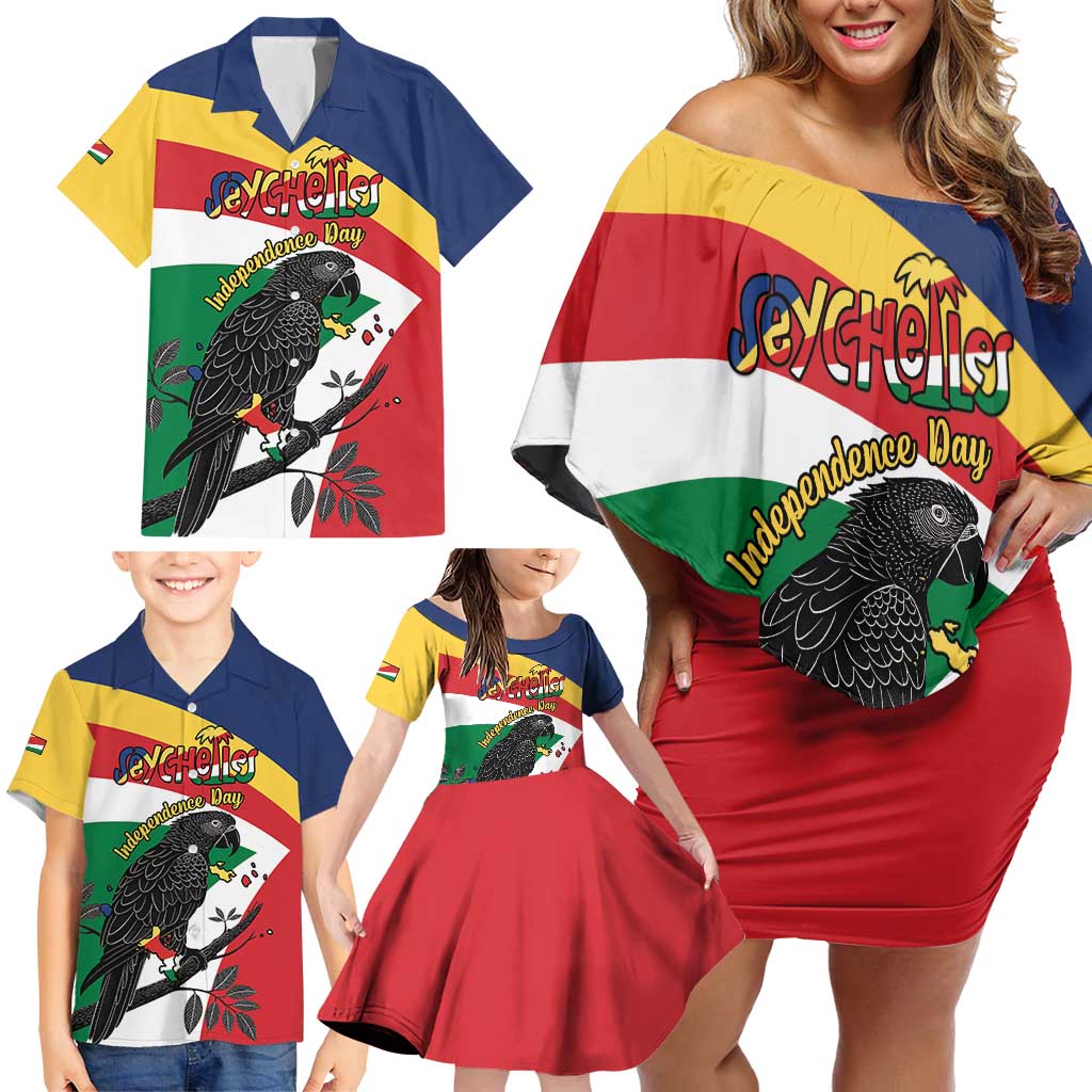 Personalized Seychelles Independence Day Family Matching Off Shoulder Short Dress and Hawaiian Shirt Coat Of Arms Black Parrot