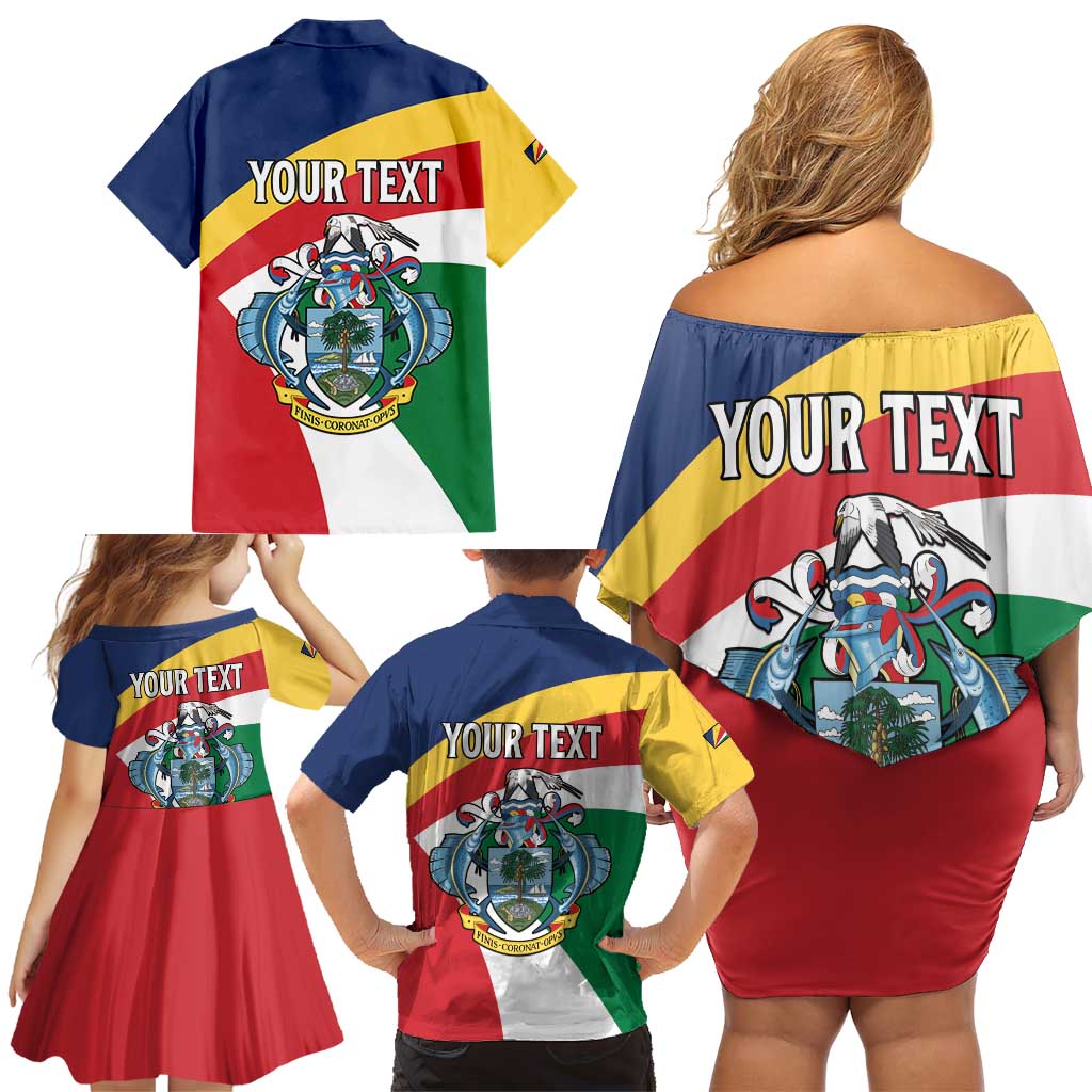 Personalized Seychelles Independence Day Family Matching Off Shoulder Short Dress and Hawaiian Shirt Coat Of Arms Black Parrot