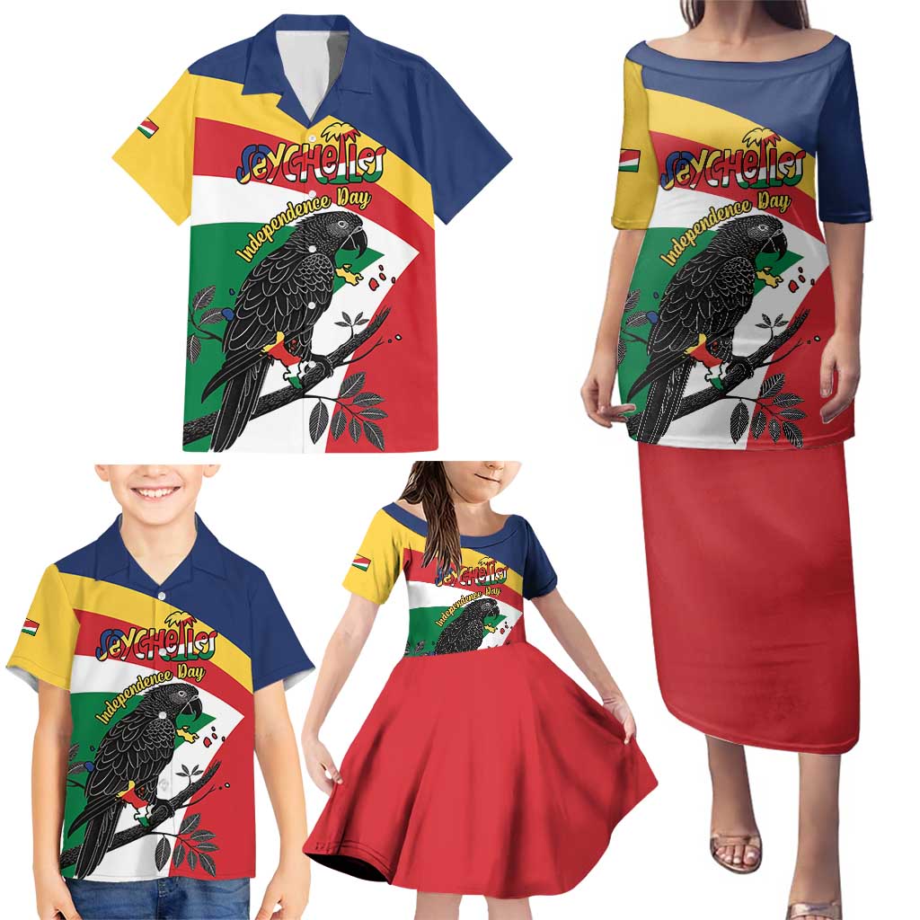 Personalized Seychelles Independence Day Family Matching Puletasi and Hawaiian Shirt Coat Of Arms Black Parrot
