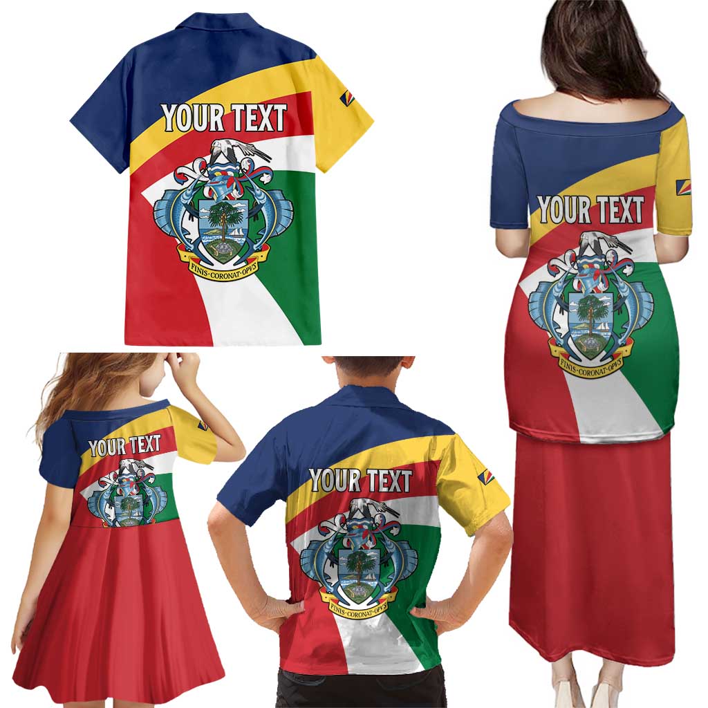 Personalized Seychelles Independence Day Family Matching Puletasi and Hawaiian Shirt Coat Of Arms Black Parrot