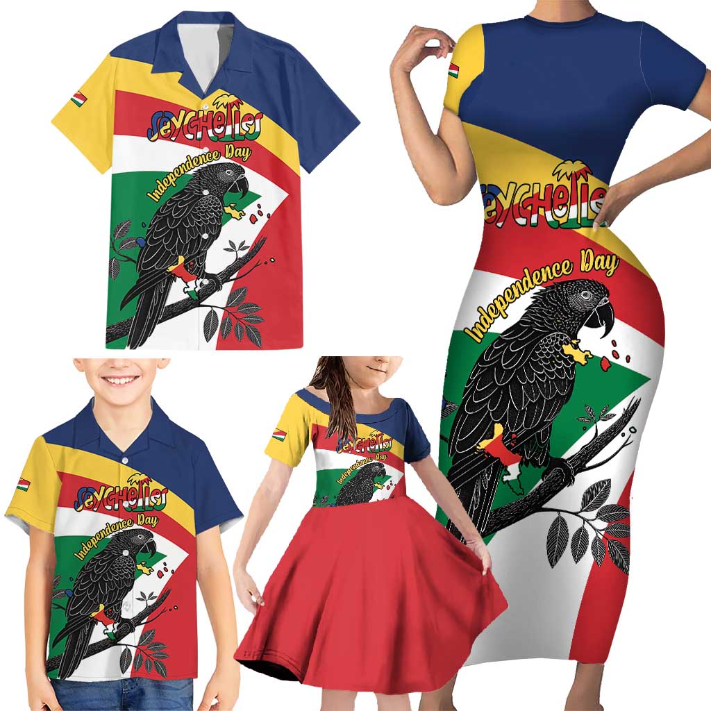 Personalized Seychelles Independence Day Family Matching Short Sleeve Bodycon Dress and Hawaiian Shirt Coat Of Arms Black Parrot