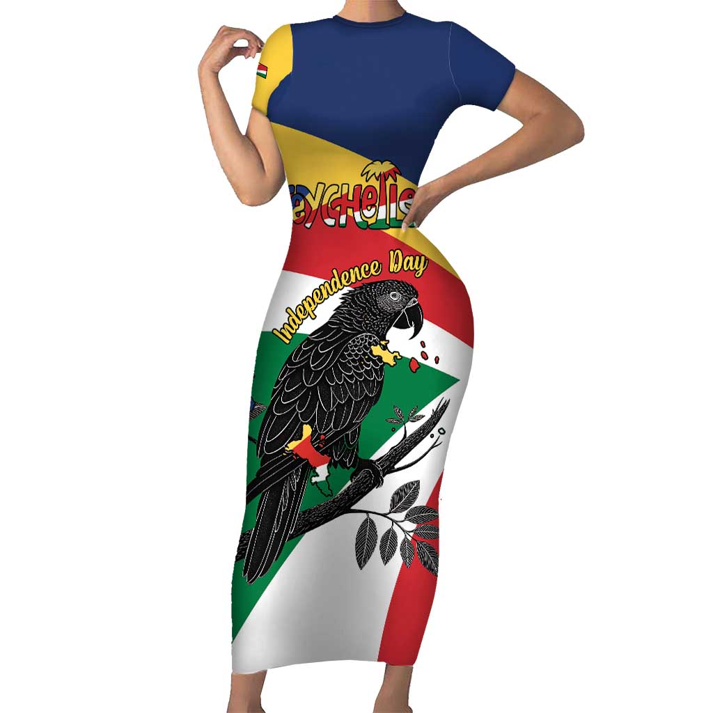 Personalized Seychelles Independence Day Family Matching Short Sleeve Bodycon Dress and Hawaiian Shirt Coat Of Arms Black Parrot