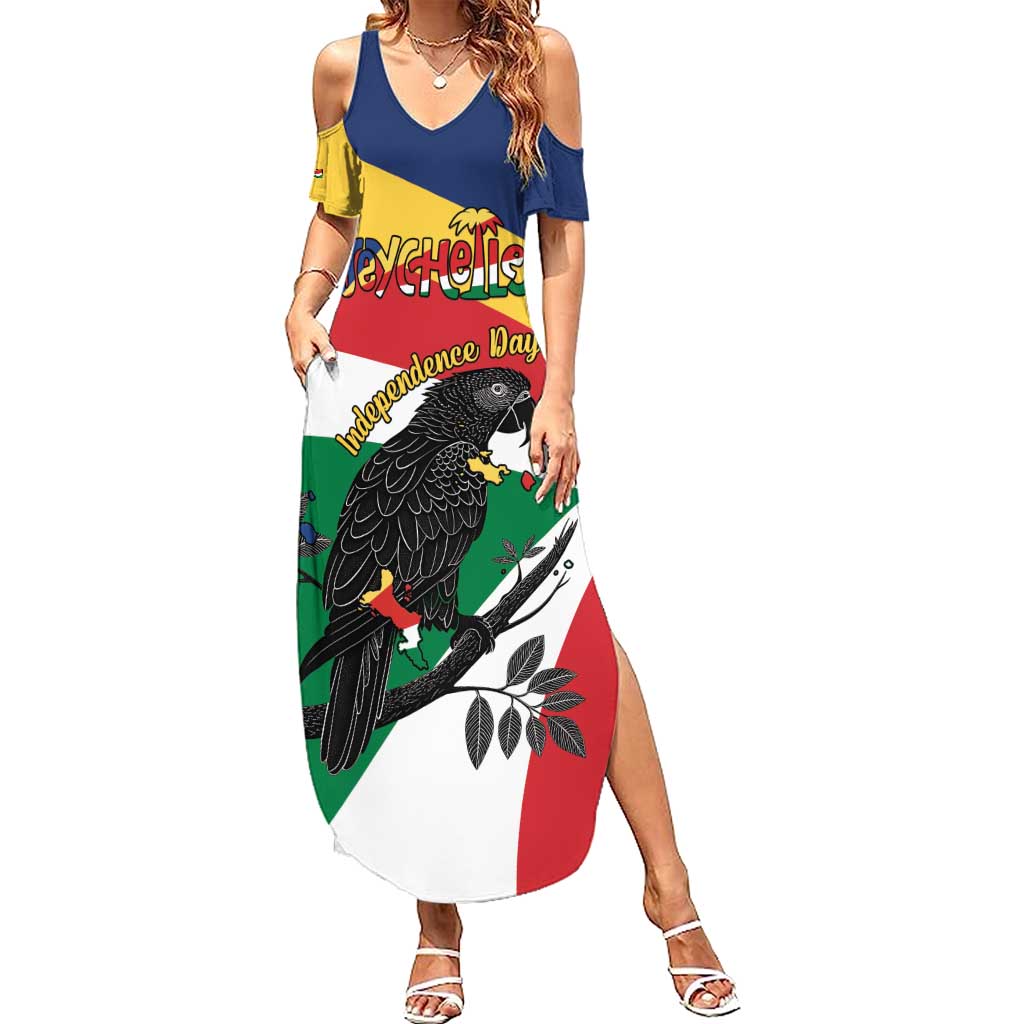 Personalized Seychelles Independence Day Family Matching Summer Maxi Dress and Hawaiian Shirt Coat Of Arms Black Parrot