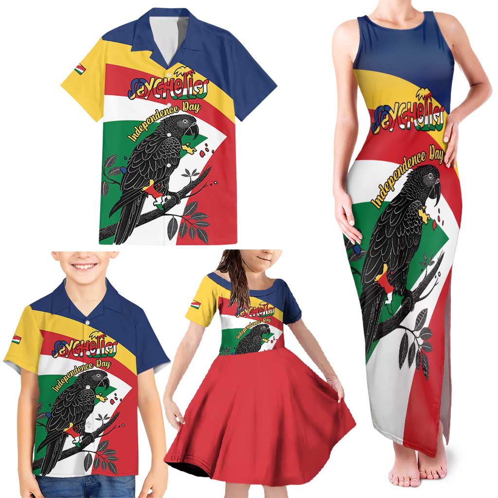 Personalized Seychelles Independence Day Family Matching Tank Maxi Dress and Hawaiian Shirt Coat Of Arms Black Parrot