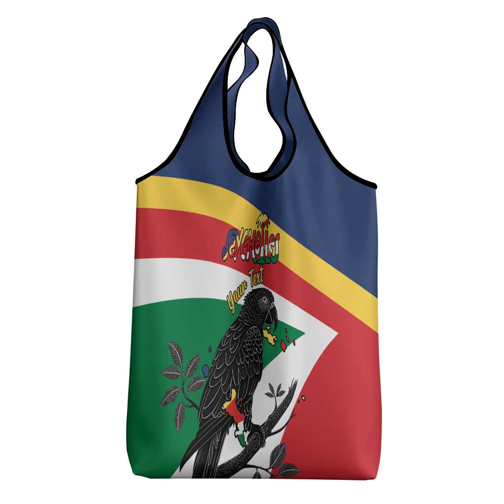Personalized Seychelles Independence Day Grocery Bag Coat Of Arms Black Parrot