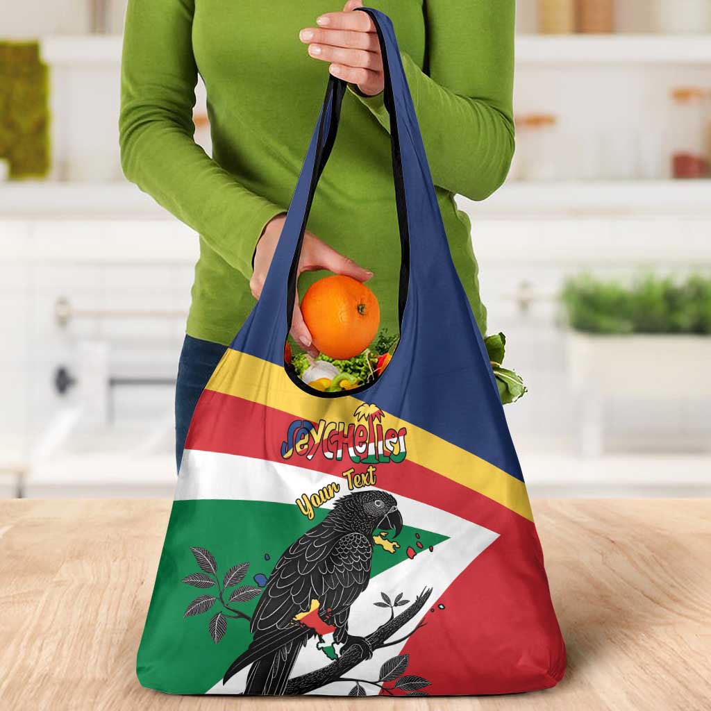Personalized Seychelles Independence Day Grocery Bag Coat Of Arms Black Parrot