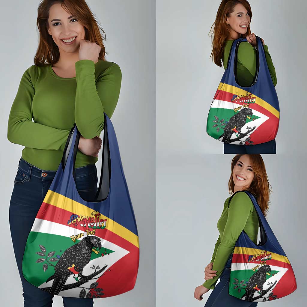 Personalized Seychelles Independence Day Grocery Bag Coat Of Arms Black Parrot