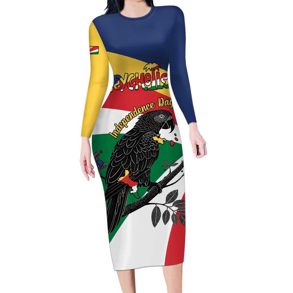 Personalized Seychelles Independence Day Long Sleeve Bodycon Dress Coat Of Arms Black Parrot