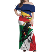 Personalized Seychelles Independence Day Off Shoulder Maxi Dress Coat Of Arms Black Parrot