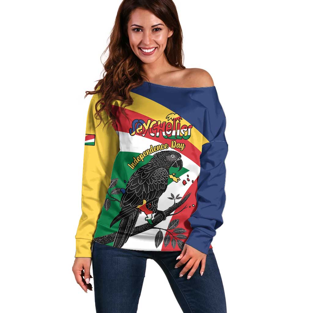 Personalized Seychelles Independence Day Off Shoulder Sweater Coat Of Arms Black Parrot