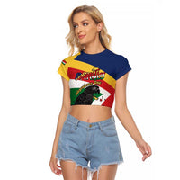 Personalized Seychelles Independence Day Raglan Cropped T Shirt Coat Of Arms Black Parrot