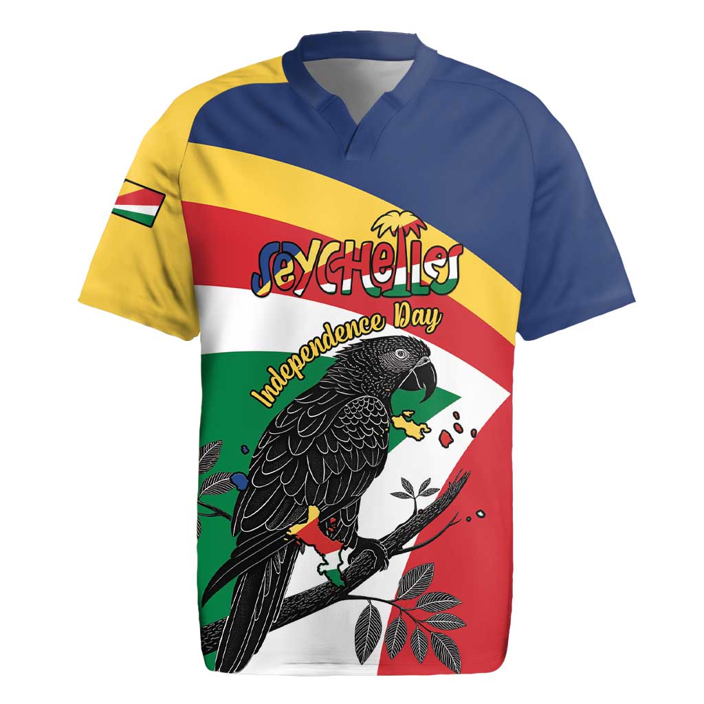 Personalized Seychelles Independence Day Rugby Jersey Coat Of Arms Black Parrot