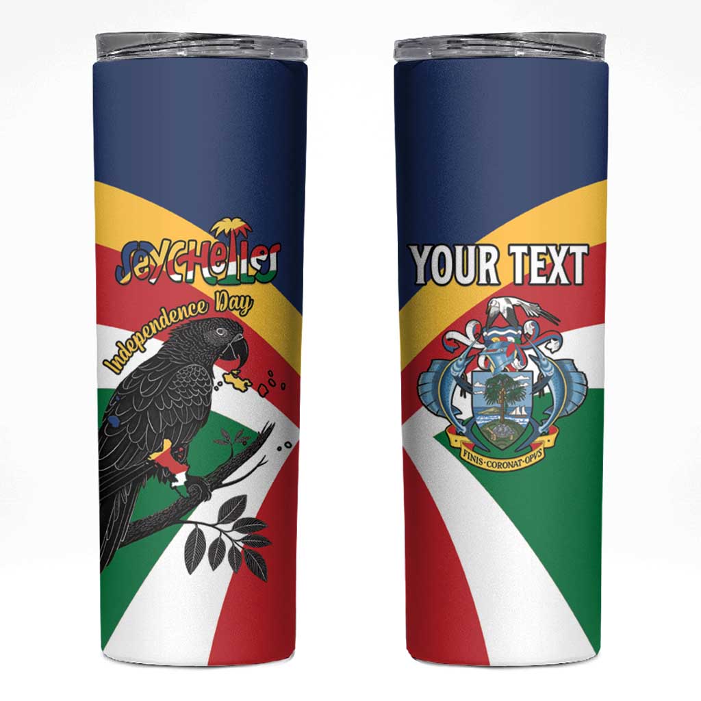 Personalized Seychelles Independence Day Skinny Tumbler Coat Of Arms Black Parrot