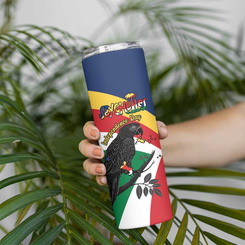 Personalized Seychelles Independence Day Skinny Tumbler Coat Of Arms Black Parrot