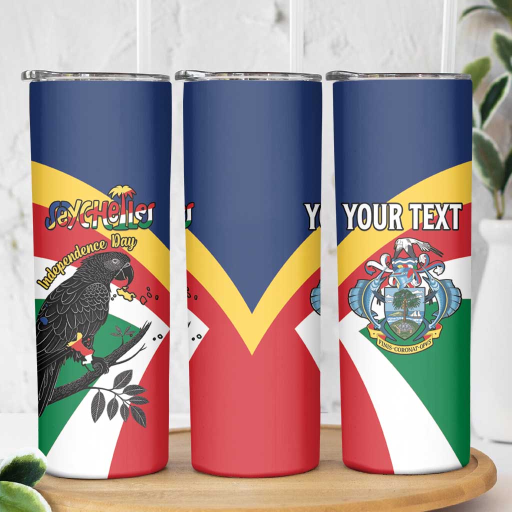 Personalized Seychelles Independence Day Skinny Tumbler Coat Of Arms Black Parrot