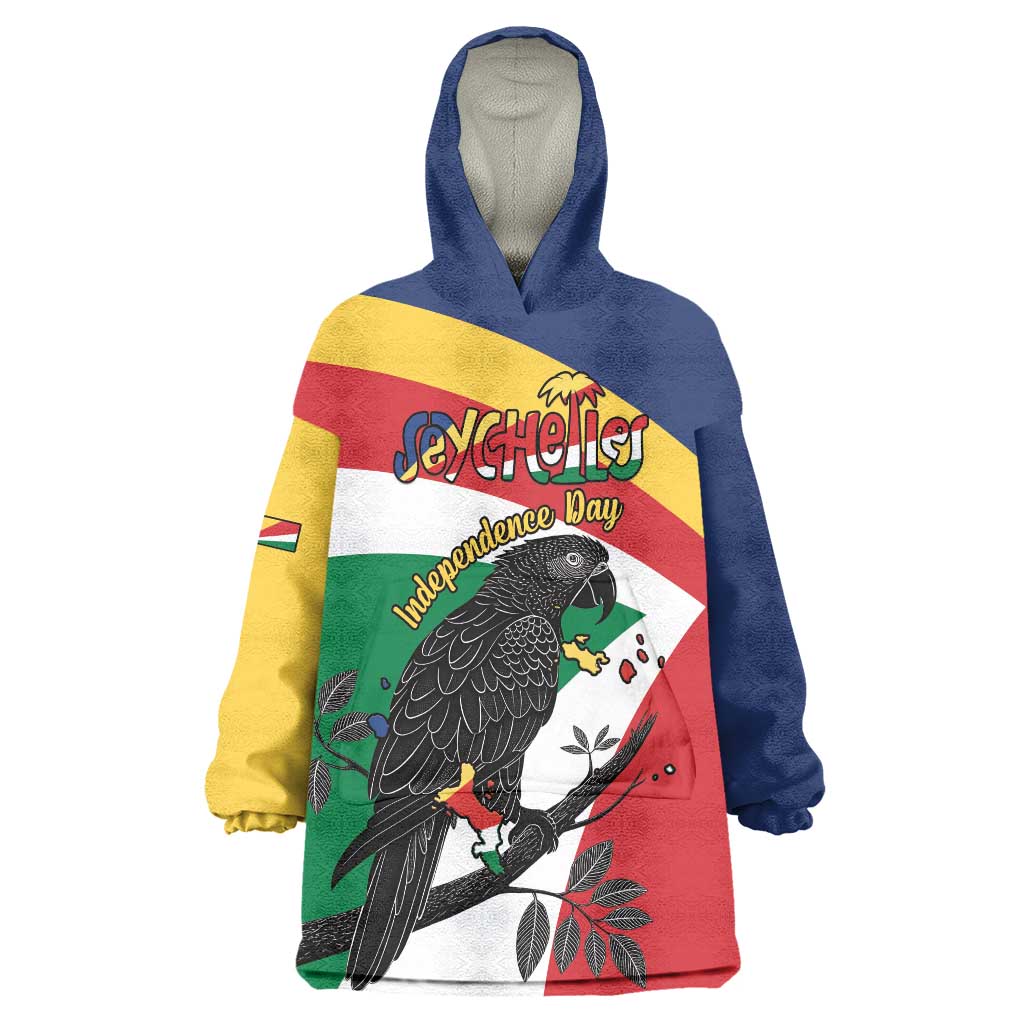 Personalized Seychelles Independence Day Wearable Blanket Hoodie Coat Of Arms Black Parrot
