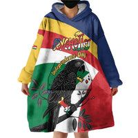 Personalized Seychelles Independence Day Wearable Blanket Hoodie Coat Of Arms Black Parrot