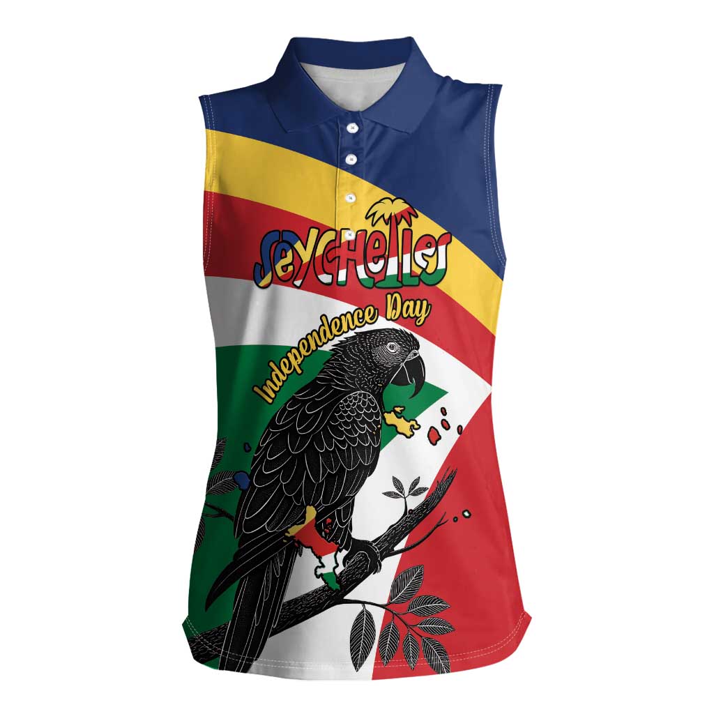 Personalized Seychelles Independence Day Women Sleeveless Polo Shirt Coat Of Arms Black Parrot
