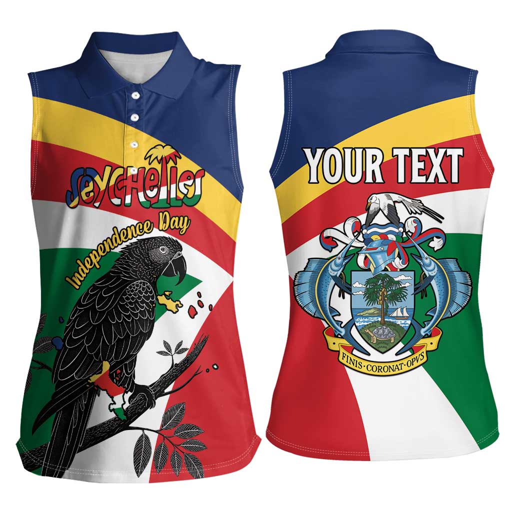 Personalized Seychelles Independence Day Women Sleeveless Polo Shirt Coat Of Arms Black Parrot