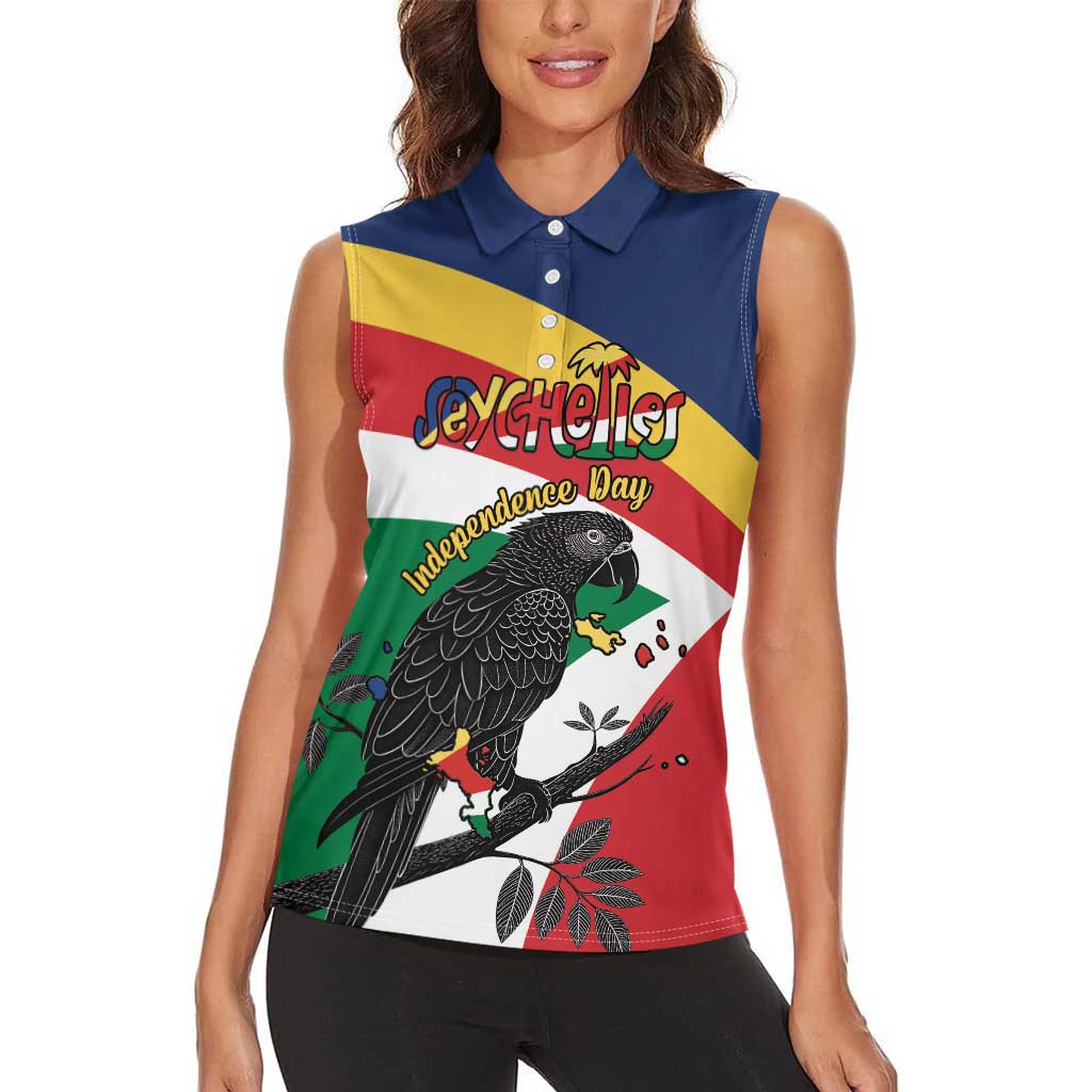 Personalized Seychelles Independence Day Women Sleeveless Polo Shirt Coat Of Arms Black Parrot