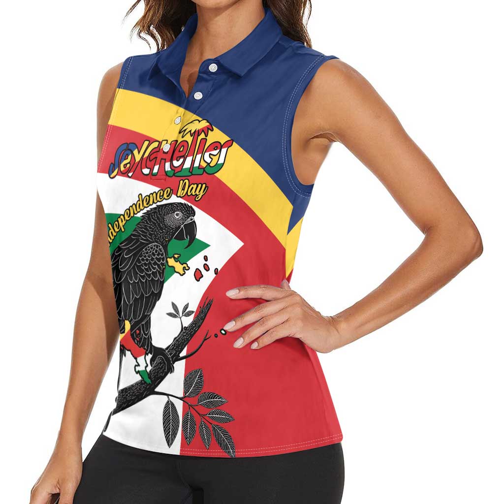 Personalized Seychelles Independence Day Women Sleeveless Polo Shirt Coat Of Arms Black Parrot