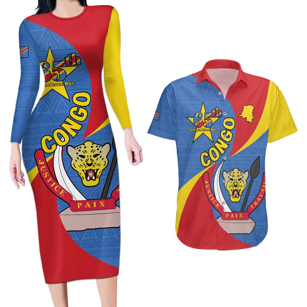 Congo-Kinshasa Couples Matching Long Sleeve Bodycon Dress and Hawaiian Shirt 65th Anniversary Of Independence