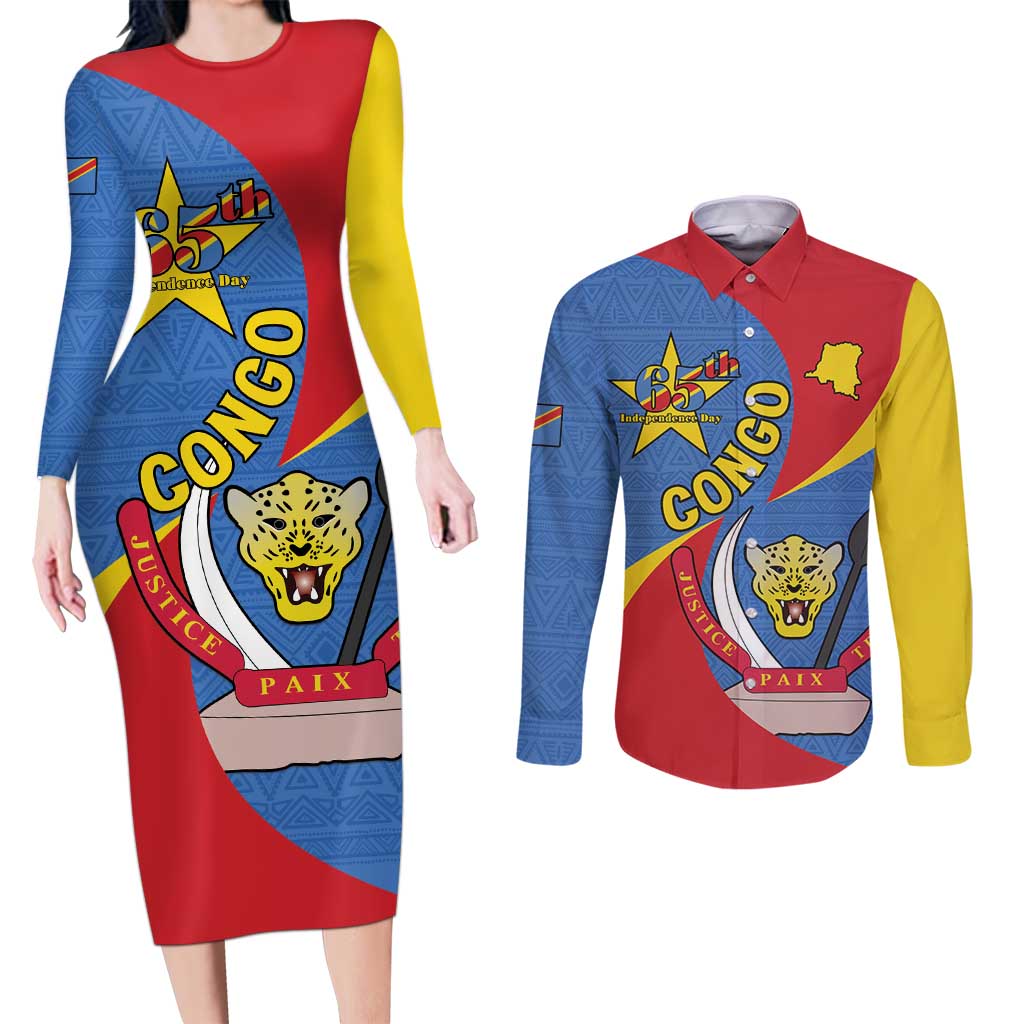 Congo-Kinshasa Couples Matching Long Sleeve Bodycon Dress and Long Sleeve Button Shirt 65th Anniversary Of Independence
