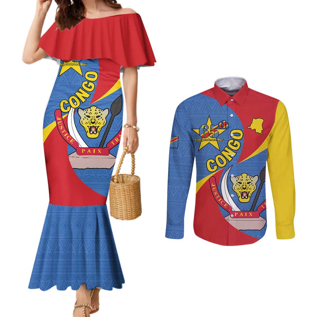 Congo-Kinshasa Couples Matching Mermaid Dress and Long Sleeve Button Shirt 65th Anniversary Of Independence