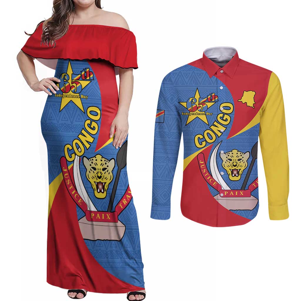 Congo-Kinshasa Couples Matching Off Shoulder Maxi Dress and Long Sleeve Button Shirt 65th Anniversary Of Independence