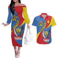 Congo-Kinshasa Couples Matching Off The Shoulder Long Sleeve Dress and Hawaiian Shirt 65th Anniversary Of Independence