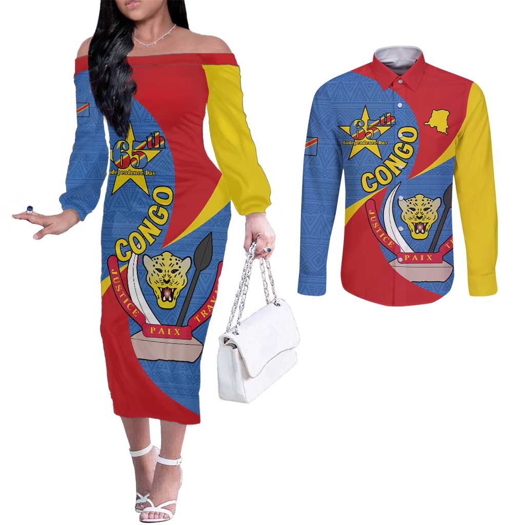 Congo-Kinshasa Couples Matching Off The Shoulder Long Sleeve Dress and Long Sleeve Button Shirt 65th Anniversary Of Independence